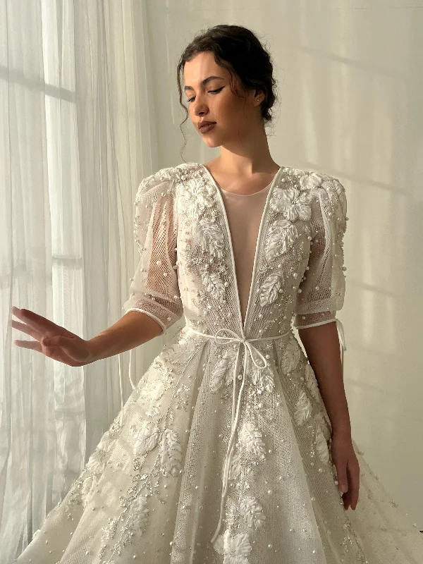 Mini dresses with pom - pom trims for a playful feel Lace of Distant Stars Gown