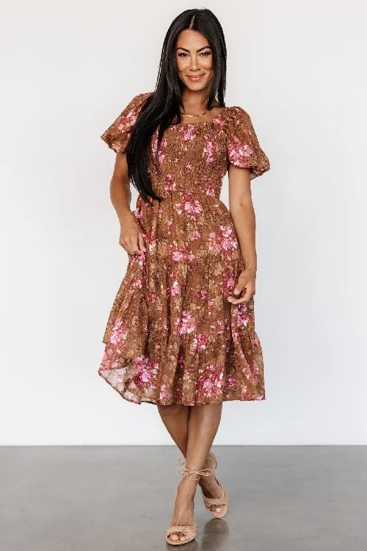 Midi dresses with cold - shoulder cutouts for a trendy style Lizzy Midi Dress | Copper + Pink Midi dresses with cold - shoulder cutouts for a trendy style Lizzy Midi Dress | Copper + Pink
