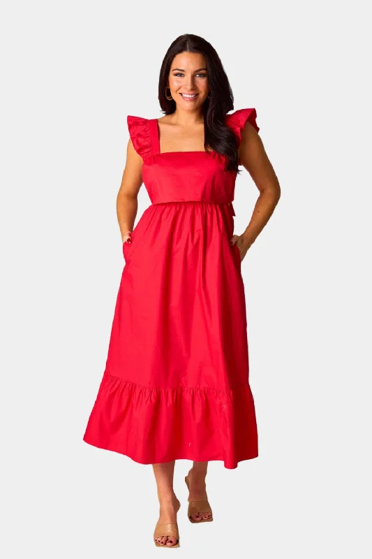 Everyday Dress with Recycled Materials for a Sustainable Choice Beverly Ruffle Sleeve Midi Dress - Red Everyday Dress with Recycled Materials for a Sustainable Choice Beverly Ruffle Sleeve Midi Dress - Red