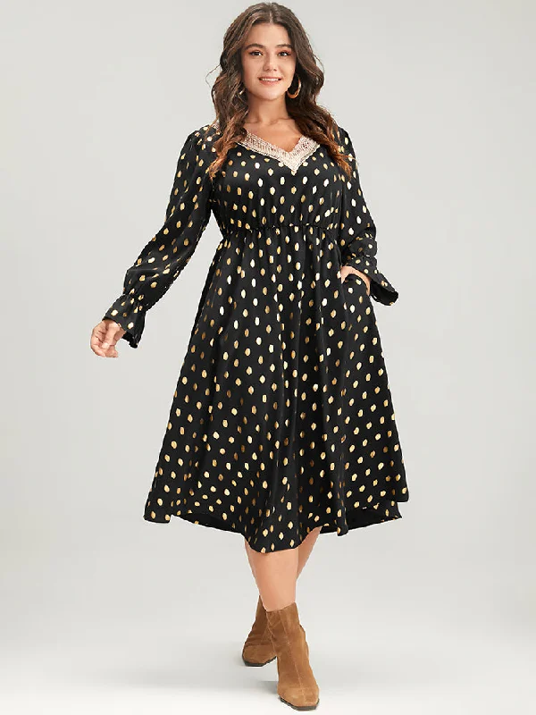 Midi dresses with asymmetric hems for a fashion - forward and dynamic appearance Polka Dot Lantern Sleeve Pocket Lace Trim Midi Dress Midi dresses with asymmetric hems for a fashion - forward and dynamic appearance Polka Dot Lantern Sleeve Pocket Lace Trim Midi Dress
