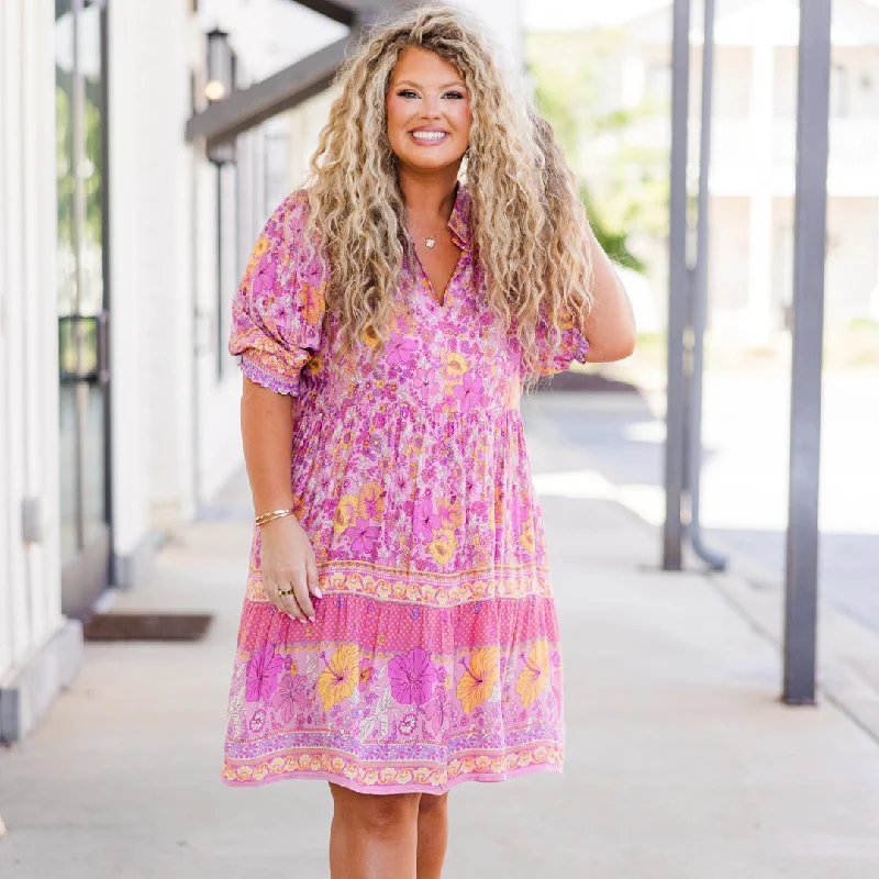Midi dresses with gathered skirts for a full and flowing silhouette In Secret Dress, Pink Mauve Midi dresses with gathered skirts for a full and flowing silhouette In Secret Dress, Pink Mauve