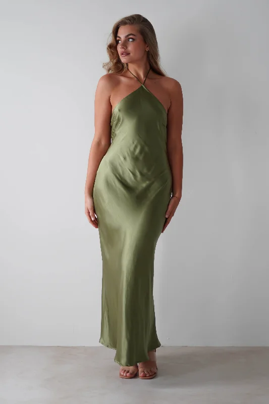 Midi dresses with cold - shoulder cutouts for a trendy style Heather Soft Satin Maxi Dress | Olive Midi dresses with cold - shoulder cutouts for a trendy style Heather Soft Satin Maxi Dress | Olive