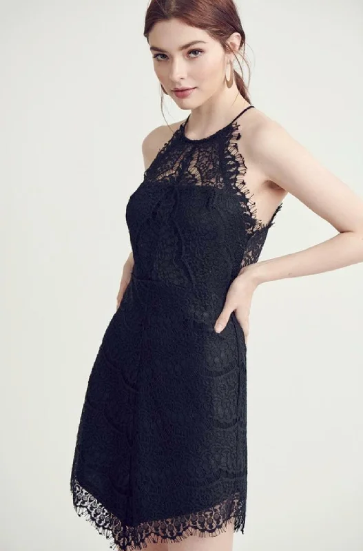 Mini dresses with high - low hems for a modern twist Candice Black Lace Halter Mini Dress