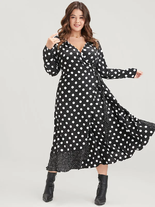 Midi dresses with one - shoulder designs for a modern and asymmetric style Polka Dot Surplice Neck Tie Side Pocket Ruffle Hem Dress Midi dresses with one - shoulder designs for a modern and asymmetric style Polka Dot Surplice Neck Tie Side Pocket Ruffle Hem Dress