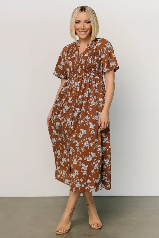 Midi dresses with off - the - shoulder necklines for a flirty look Botega Midi Dress | Brown + Blue Midi dresses with off - the - shoulder necklines for a flirty look Botega Midi Dress | Brown + Blue