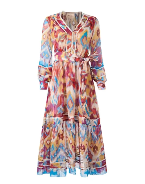 Everyday Dress with High - low Hem for a Trendy Edge Sierra Multicolor Ikat Silk Dress Everyday Dress with High - low Hem for a Trendy Edge Sierra Multicolor Ikat Silk Dress