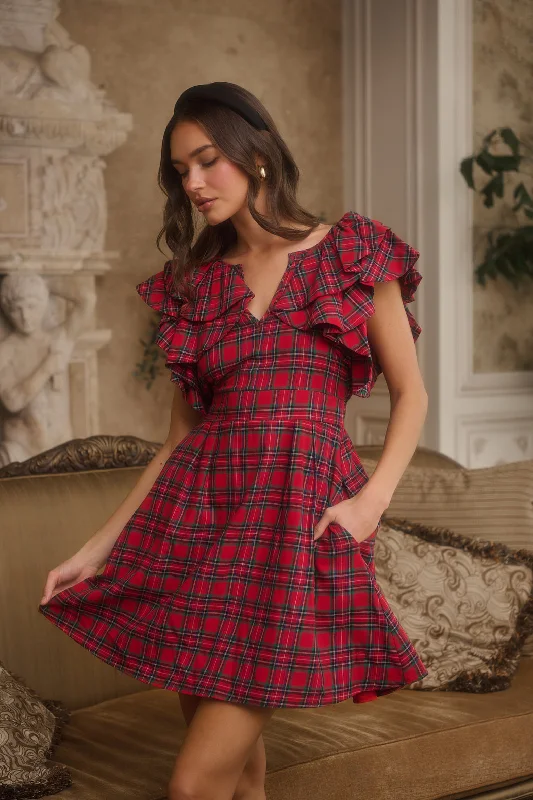 Mini dresses with bow accents for a sweet look Arvada Plaid Wilma Ruffle Mini Dress