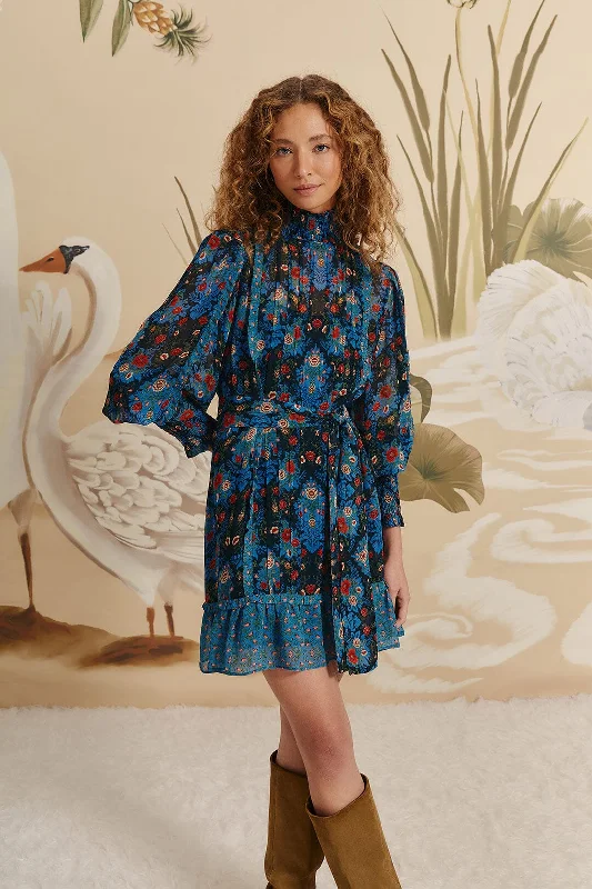 Plaid mini dresses for fall fashion Blue Arabesque Floral High Neck Mini Dress