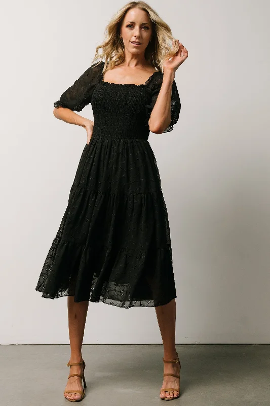 Midi dresses with metallic threads for a glamorous evening event Hazel Eyelet Midi Dress | Black Midi dresses with metallic threads for a glamorous evening event Hazel Eyelet Midi Dress | Black