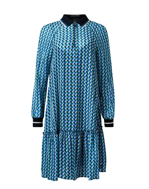  Blue Geometric Print Polo Dress