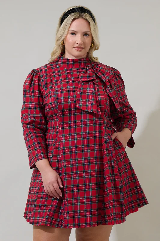 Mini dresses with ruched bodices for a feminine touch Arvada Plaid Padma Bow Mini Dress Curve
