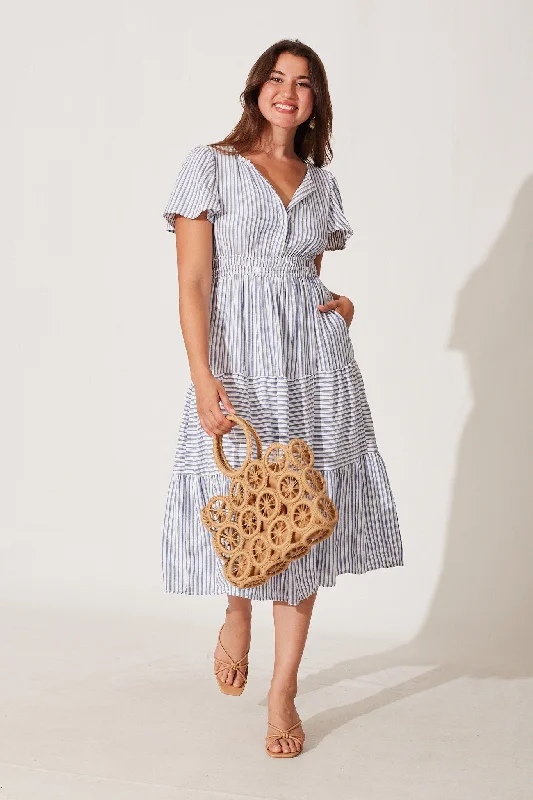 Everyday Dress with Square Neck for a Modern Style Palm Springs Midi Dress In White And Blue Stripe Everyday Dress with Square Neck for a Modern Style Palm Springs Midi Dress In White And Blue Stripe