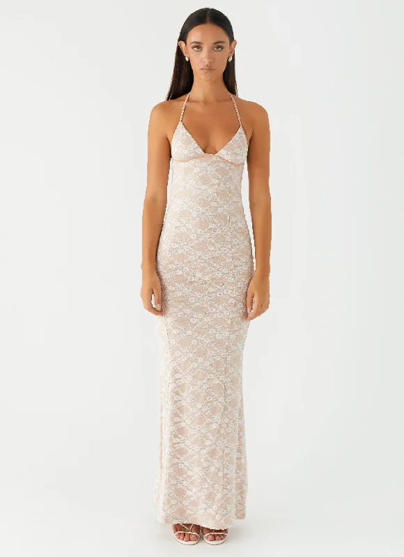 Everyday Dress with Solid - color Bodice and Printed Skirt for a Contrast Look Jolina Lace Maxi Dress - White Everyday Dress with Solid - color Bodice and Printed Skirt for a Contrast Look Jolina Lace Maxi Dress - White