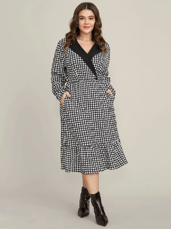 Sleeveless midi dresses with lace details for summer weddings Contrast Trim Suit Collar Pocket Ruffle Hem Houndstooth Dress Sleeveless midi dresses with lace details for summer weddings Contrast Trim Suit Collar Pocket Ruffle Hem Houndstooth Dress