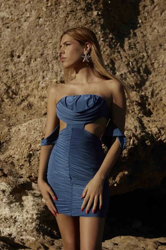 Mini dresses with cut - out details for a trendy look Blue Bardot Cowl Neck Ruched Mini Dress - Sara Mini dresses with cut - out details for a trendy look Blue Bardot Cowl Neck Ruched Mini Dress - Sara