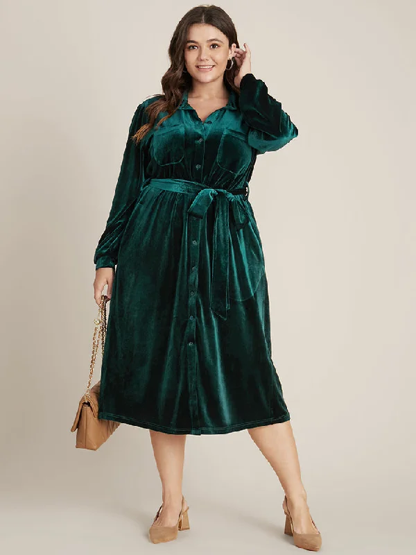 Midi dresses with ruffled hems for a romantic date night Solid Shirt Collar Pocket Button Up Belted Velvet Dress