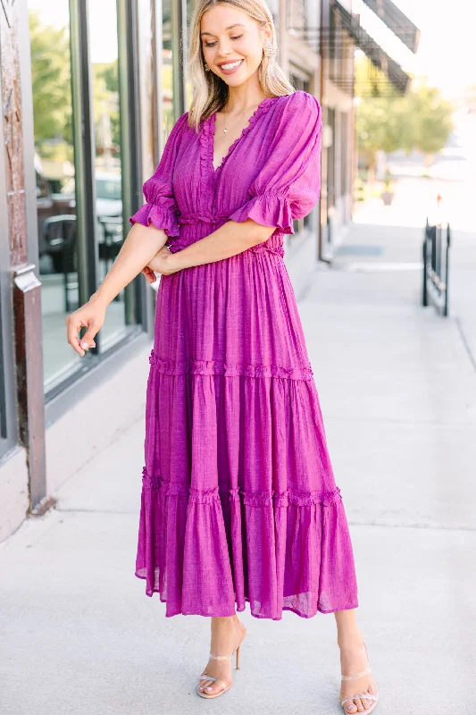 Midi dresses with ribbed textures for a unique and tactile appearance Living In A Dream Magenta Purple Ruffled Midi Dress Midi dresses with ribbed textures for a unique and tactile appearance Living In A Dream Magenta Purple Ruffled Midi Dress