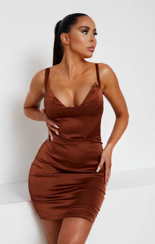 Mini dresses with off - the - shoulder styles Chocolate Satin Shaped Cup Mini Dress - Amalia Mini dresses with off - the - shoulder styles Chocolate Satin Shaped Cup Mini Dress - Amalia