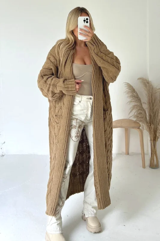 cropped women cardigan to pair with high - waisted jeansAnnie mocha chunky knit long cardigan cropped women cardigan to pair with high - waisted jeansAnnie mocha chunky knit long cardigan