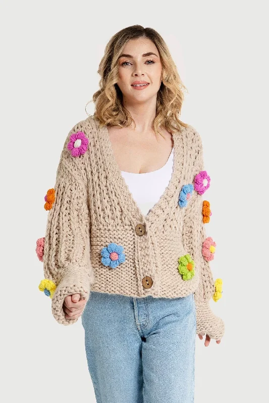 long length women cardigan with side slitsAppliqué Knit Floral Cardigan With Buttons