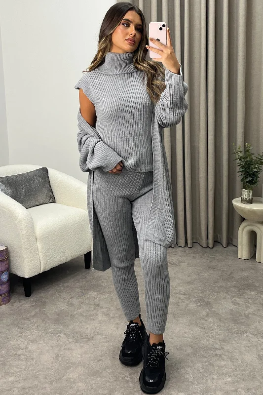 cropped women cardigan to pair with high - waisted jeansAriannas Grey Roll Neck Knitted 3 Piece Loungewear Set cropped women cardigan to pair with high - waisted jeansAriannas Grey Roll Neck Knitted 3 Piece Loungewear Set