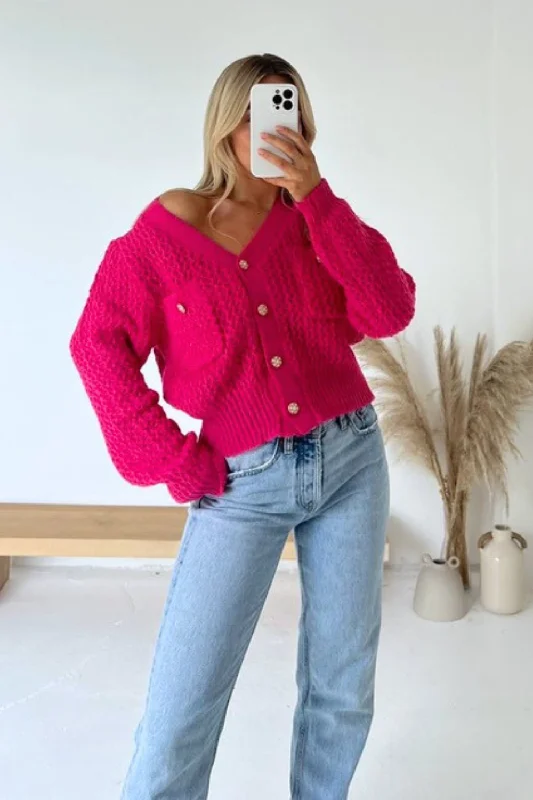 machine washable women cardigan for easy careBeth hot pink loose knit cardigan with gold buttons machine washable women cardigan for easy careBeth hot pink loose knit cardigan with gold buttons