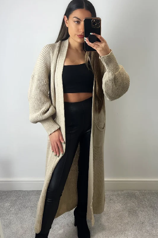 cropped women cardigan to pair with high - waisted jeansBonnie Beige Longline Open Front Knitted Cardigan