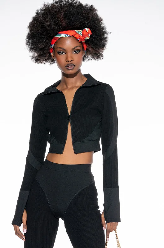 plus size women cardigan for comfortable layeringCHARIS RIBBED CROP ZIP TURTLENECK