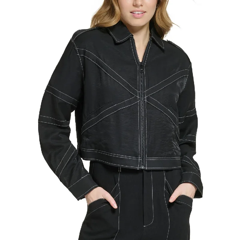 Women's long - sleeve wool coats in a houndstooth pattern for a classic charmDKNY Womens Crinkle Topstitched Shirt Jacket Women's long - sleeve wool coats in a houndstooth pattern for a classic charmDKNY Womens Crinkle Topstitched Shirt Jacket
