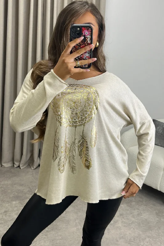 machine washable women cardigan for easy careFifi Beige Gold Foil Graphic Print Knitted Oversized Top machine washable women cardigan for easy careFifi Beige Gold Foil Graphic Print Knitted Oversized Top