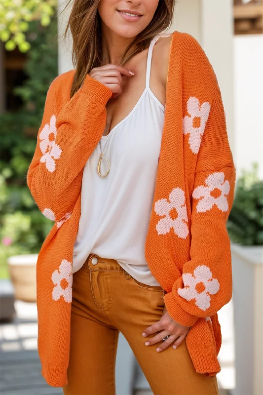 machine washable women cardigan for easy careFlower Open Front Long Sleeve Cardigan
