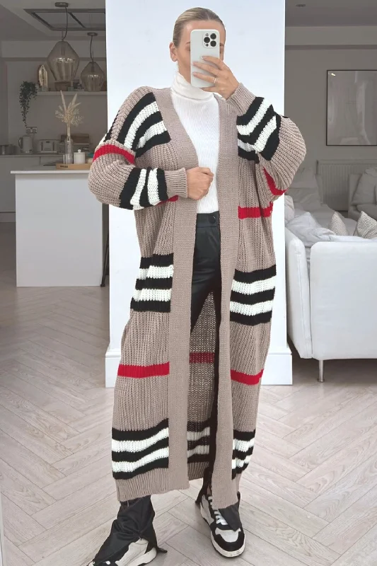 floral print women cardigan for a feminine touchHallie beige striped long knitted cardigan floral print women cardigan for a feminine touchHallie beige striped long knitted cardigan