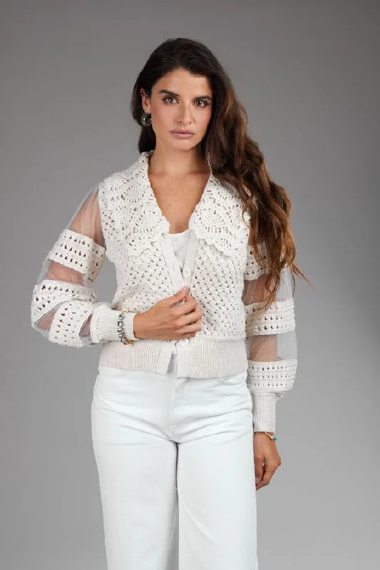 open front women cardigan for easy stylingHand Crochet Sheer Button Cardigan