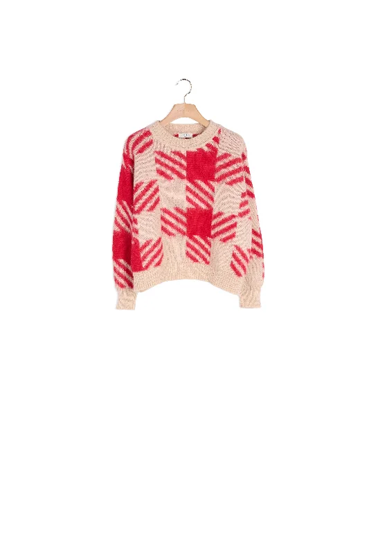 v neck women cardigan to elongate the necklinePull poilu en jacquard carreaux