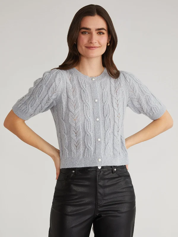 ribbed women cardigan with a classic textureLacey: Puff Sleeve Crew Cardigan