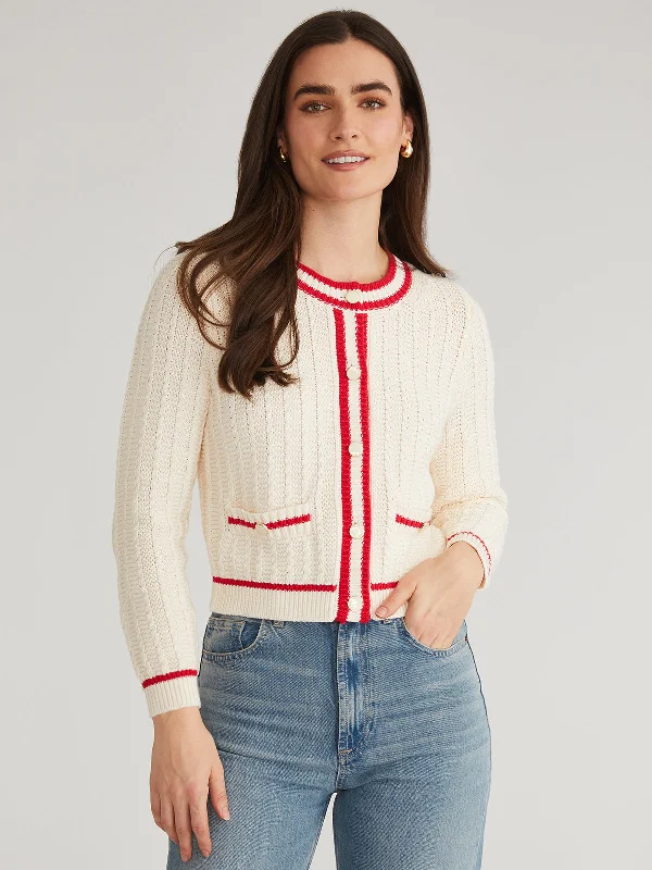 boyfriend style women cardigan for a relaxed fitLaurel: 100% Cotton Crewneck Tipped Cardigan boyfriend style women cardigan for a relaxed fitLaurel: 100% Cotton Crewneck Tipped Cardigan