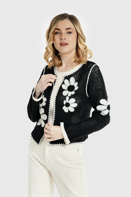v neck women cardigan to elongate the necklineLightweight Floral Crochet Cardigan