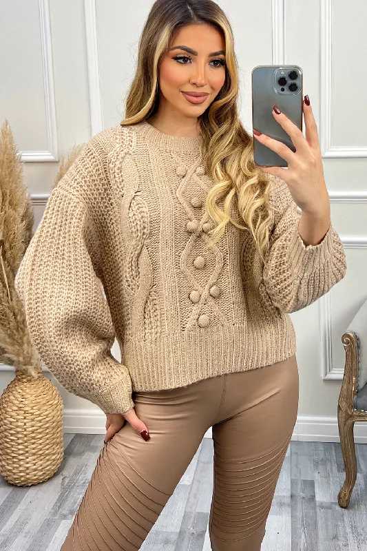 v neck women cardigan to elongate the necklineMabel Beige Cable Knit Bobble Detail Jumper v neck women cardigan to elongate the necklineMabel Beige Cable Knit Bobble Detail Jumper