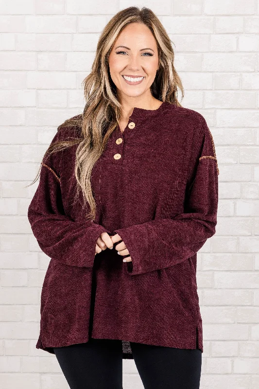 button down women cardigan with vintage buttonsPass Me By Top, Burgundy