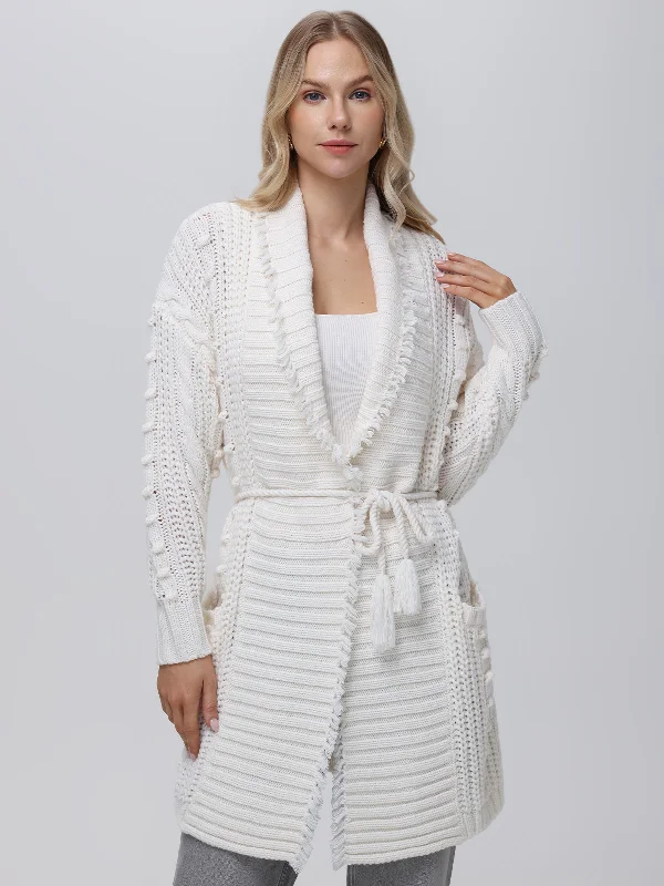 color block women cardigan with bold huesPenelope: Cable Long Wrap Cardigan