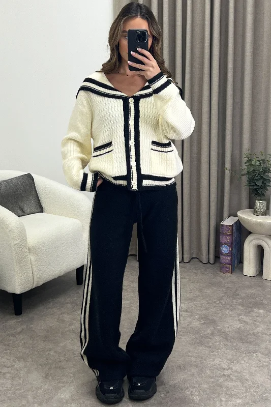 button down women cardigan with vintage buttonsPetra Cream and Black Stripe Cardigan and Trousers Knit Co-Ord Set button down women cardigan with vintage buttonsPetra Cream and Black Stripe Cardigan and Trousers Knit Co-Ord Set