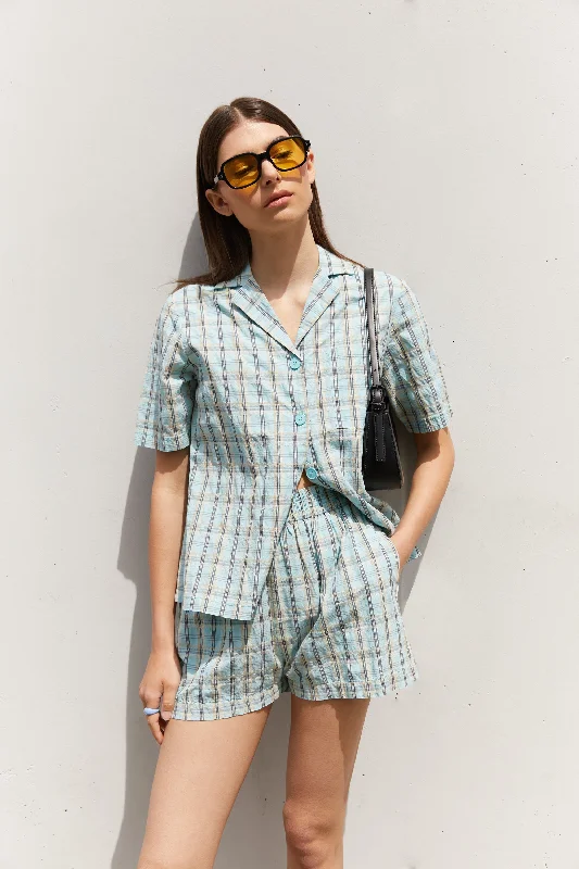 color block women cardigan with bold huesPLAID SHORT SLEEVE SHIRT