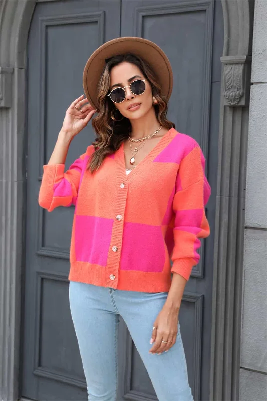 long length women cardigan with side slitsPlaid V-Neck Dropped Shoulder Cardigan
