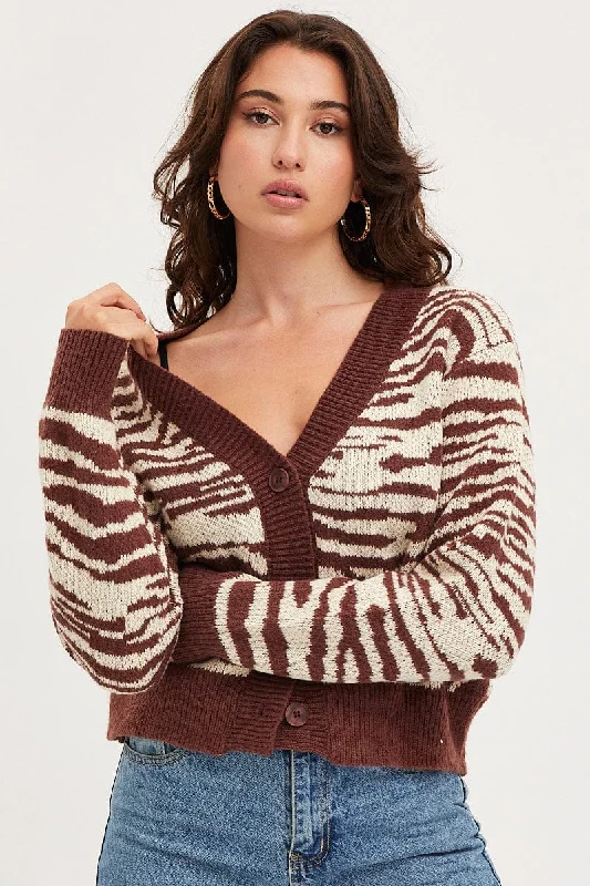 machine washable women cardigan for easy carePrint Knit Cardigan Long Sleeve Crop