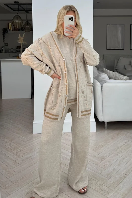 plus size women cardigan for comfortable layeringVerity beige 3 piece knitted cardigan loungewear set plus size women cardigan for comfortable layeringVerity beige 3 piece knitted cardigan loungewear set