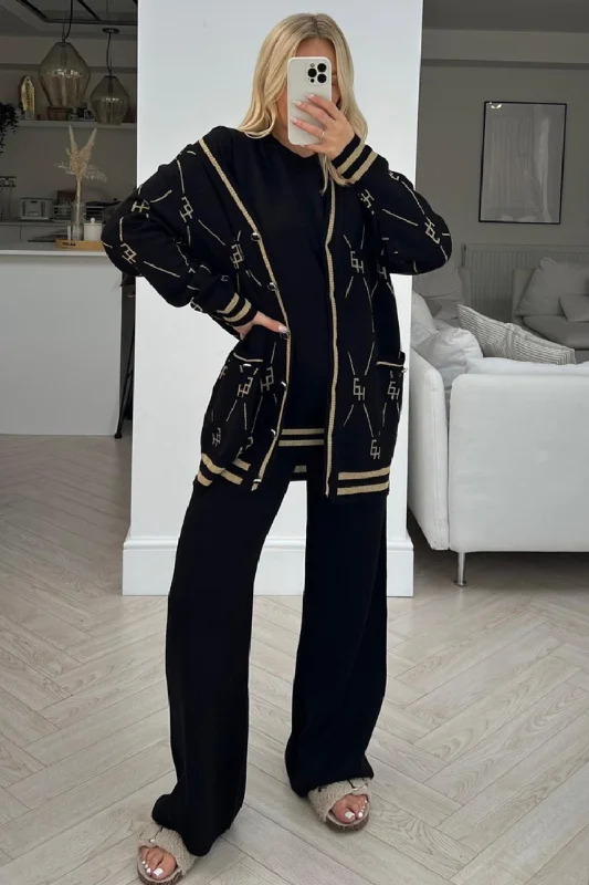 cable knit women cardigan with intricate patternsVerity black 3 piece knitted cardigan loungewear set cable knit women cardigan with intricate patternsVerity black 3 piece knitted cardigan loungewear set
