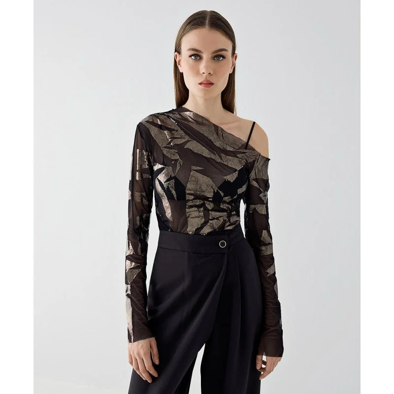 Split - Hem Women's Linen Blend Sweaters for SpringAccess Fashion Black Gold Mesh Blouse Split - Hem Women's Linen Blend Sweaters for SpringAccess Fashion Black Gold Mesh Blouse