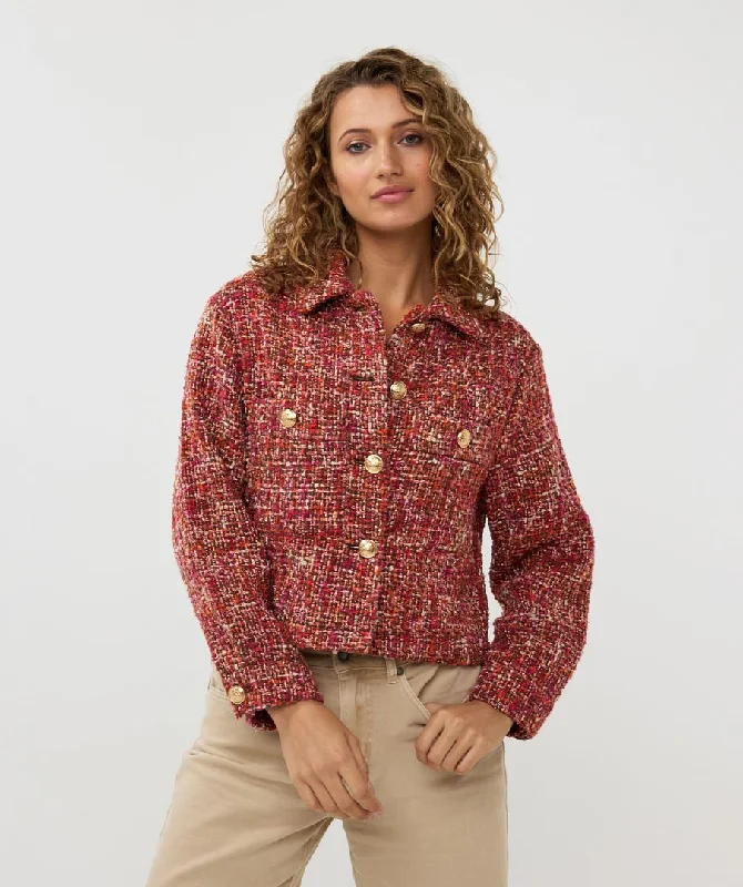 Sleeveless Women's Silk - Trimmed Sweaters for SummerEsqualo Red Multicoloured Boucle Blazer Sleeveless Women's Silk - Trimmed Sweaters for SummerEsqualo Red Multicoloured Boucle Blazer