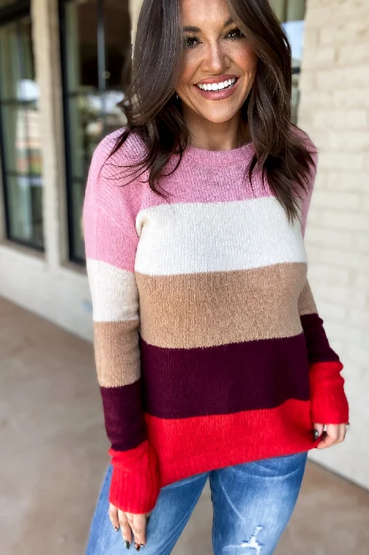Tie - Front Women's Lambswool Sweaters in Pastel HuesFor A While Pink/Off White Stripe Sweater Tie - Front Women's Lambswool Sweaters in Pastel HuesFor A While Pink/Off White Stripe Sweater