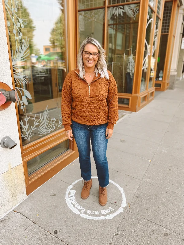 Plus Size Women's Ruffled Hem Sweaters in Floral PrintsLiv Copper Quilted Quarter Zip Pullover Plus Size Women's Ruffled Hem Sweaters in Floral PrintsLiv Copper Quilted Quarter Zip Pullover